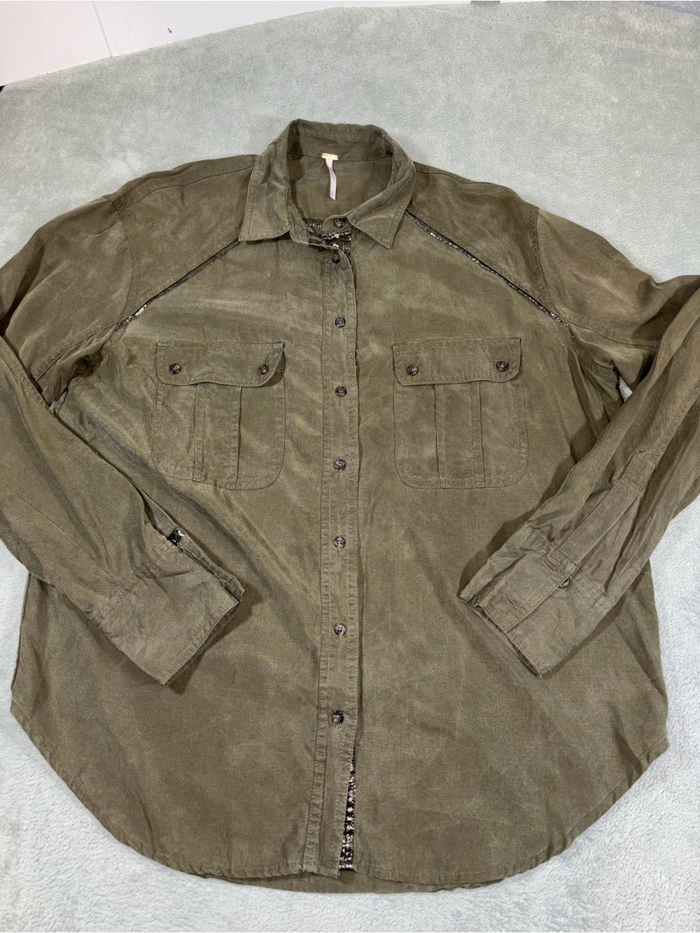 Free People Olive Green Utility Button Up Shirt Size Small